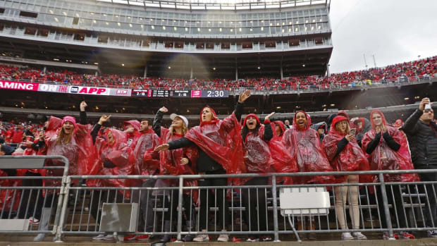 Ohio State Buckeyes fans cheer after the team recovered a fumble by Wisconsin Badgers quarterback Jack Coan during the fourth quarter of the NCAA football game at Ohio Stadium in Columbus, Ohio on Saturday, Oct. 26, 2019. Ohio State won 38-7.

Osu19wis Ac 50